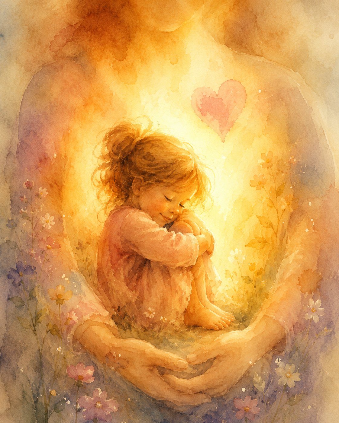 Aquarell – Ein Kind in schützenden Händen, umgeben von Licht und Blumen